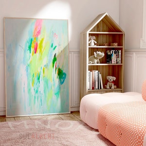 Abstract wall art, green yellow pink painting print, Extra large Modern abstract artwork, Eclectic minimalist art Pastel colors wall art