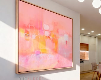 Stampa artistica astratta rosa e arancione, grande tela moderna per decorazione murale.