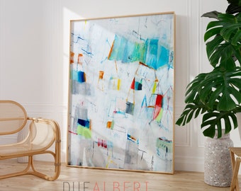 Abstract painting print, pale blue and beige large colorful abstract art, Modern creative art, Trendy aesthetic large livingroom wall art