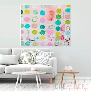 Pink teal abstract art print, Multicolor modern wall art for living room, bright colorful canvas, joyful large painting, aesthetic decor