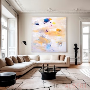 Impresión de pintura abstracta, arte abstracto minimalista beige oro azul claro, decoración de pared moderna, arte de pared extra grande image 9