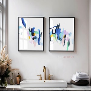 Wall art set of 2, colorful pastel blue pink abstract painting, print set of 2 prints, wall decor mid century modern, large wall art image 10
