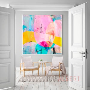 Abstract colorful painting print, Vibrant pink multicolor geometric art art, Vivid colors wall art , Extra large abstract art