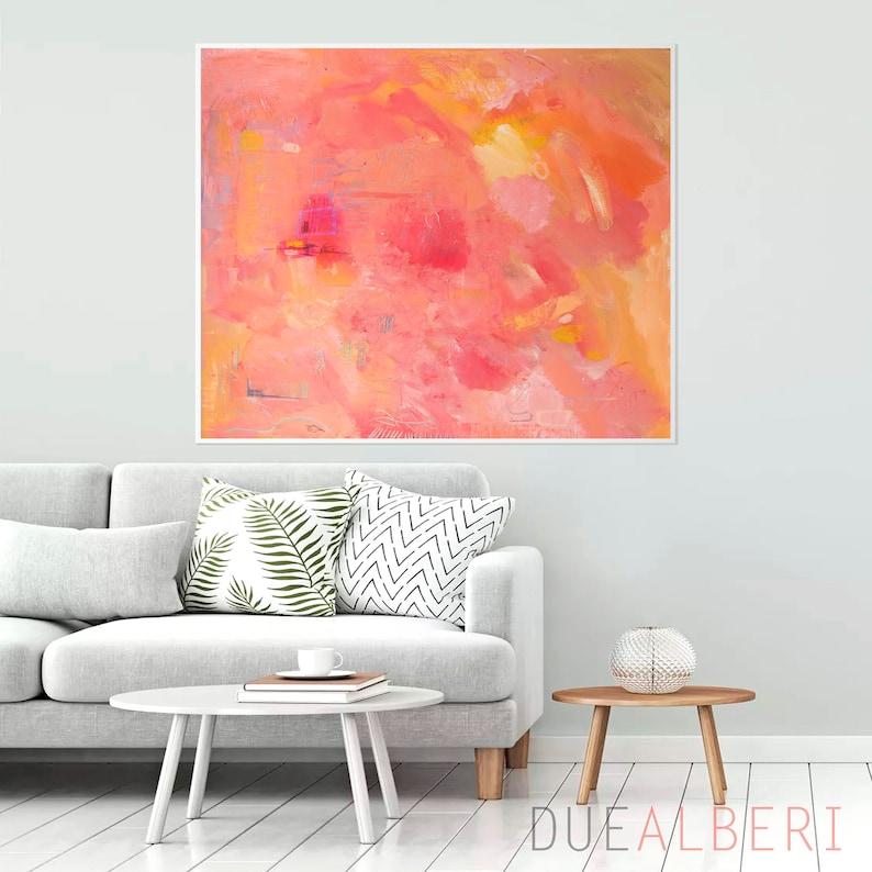 Oranje en roze abstract schilderij helder fucsia, grote abstracte muurkunst kleurrijke print, zacht koraalroze schilderij, pastelroze canvas print afbeelding 9