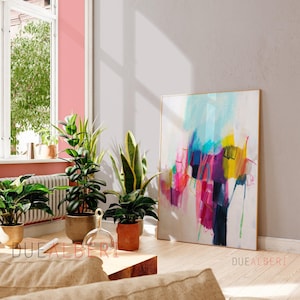 カラフルな抽象芸術、明るいピンク、青、黄色の特大プリント
