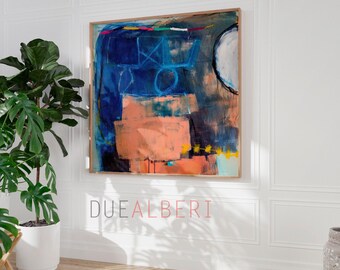 Pink and Navy Blue Abstract Art Print: Minimalist Pastel Canvas