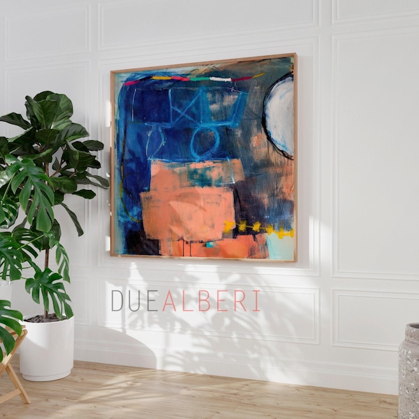 Roze en marineblauwe abstracte kunstprint: minimalistisch pastelcanvas