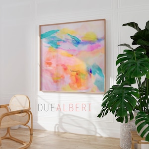 Light Pink Teal Abstract Art Print, Textured Giclee Canvas