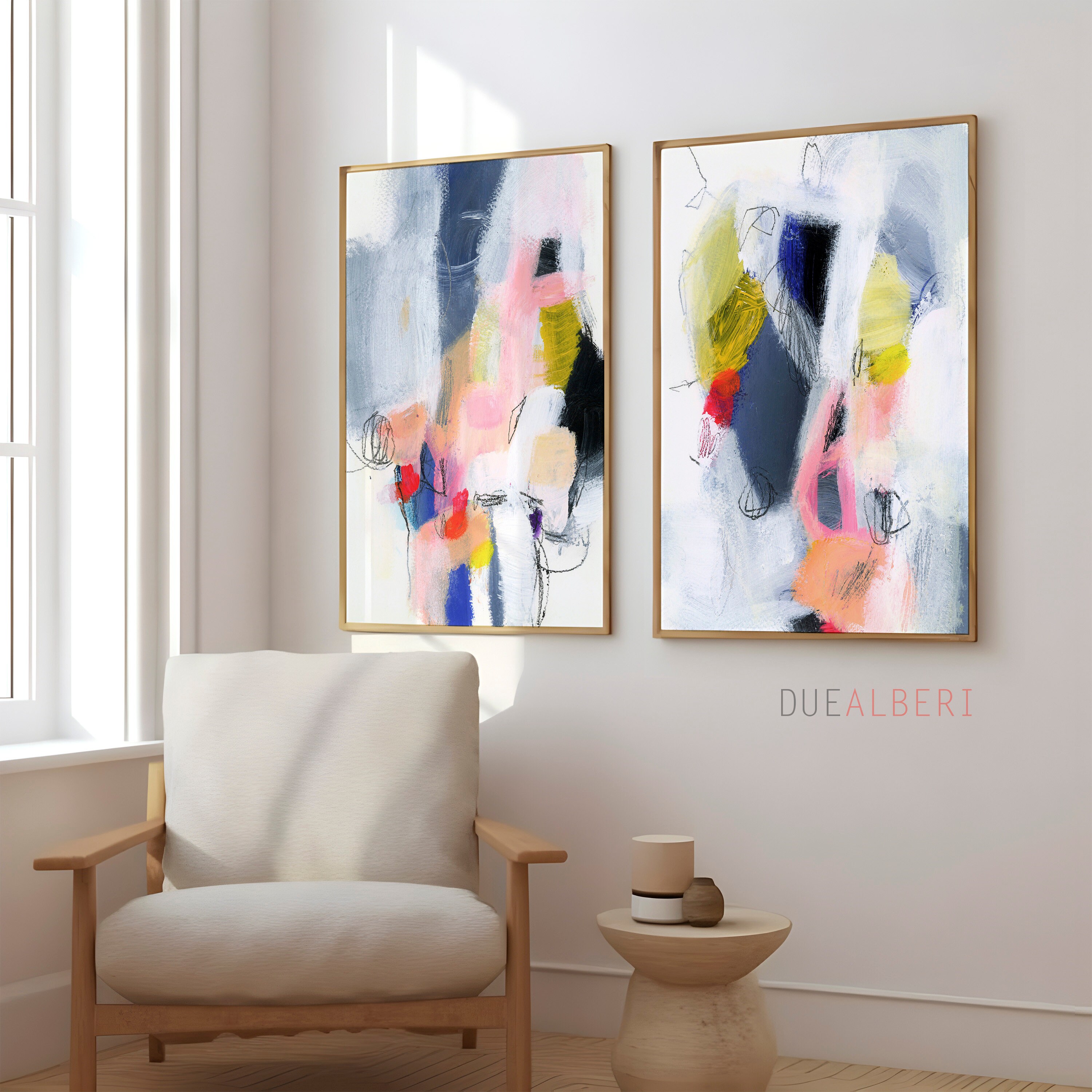 Abstract prints set of 2, pastel blue pink white floral set of two, Set of 2 drawing print, Beige pink multicolor Modern pastel neutral art