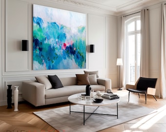Large abstract painting colorful Canvas, Large Abstract Print Blue painting. Canvas painting, large art print gift for the home