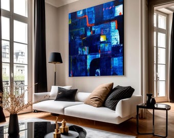 Blauwe abstracte kunstprint, gicléekunst, modern wanddecoratie