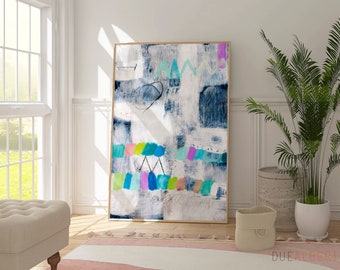 Abstract painting print, Light pastel blue textured wall art, Modern large size pale blue multi color abstract art for bedroom