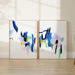 Wall art set of 2, colorful pastel blue pink abstract painting, print set of 2 prints, wall decor mid century modern, large wall art image 6