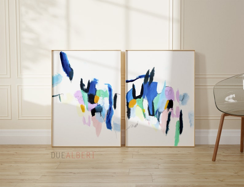 Wall art set of 2, colorful pastel blue pink abstract painting, print set of 2 prints, wall decor mid century modern, large wall art image 6