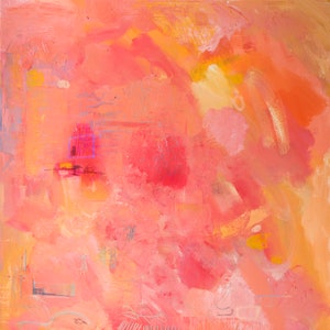 Oranje en roze abstract schilderij helder fucsia, grote abstracte muurkunst kleurrijke print, zacht koraalroze schilderij, pastelroze canvas print afbeelding 2