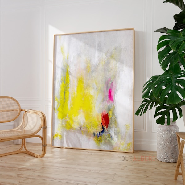 White and yellow abstract painting print, Extra large wall art, Modern wall decor