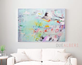 Pastel Aqua Pink Abstract Art Print, Large Colorful Wall Art, Modern Canvas Print