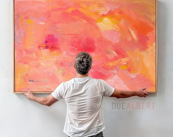 Grande stampa artistica astratta arancione e rosa, giclée su tela colorata