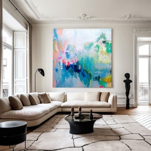 Large abstract blue pink teal painting colorful Canvas, Large Abstract Print painting. Canvas painting, large art print gift for the home image 9