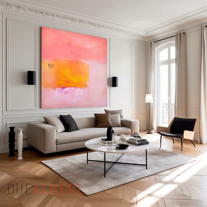 Orange and pink abstract painting colorful Print, Coral pink painting, pastel pink canvas print, extra large abstract wall art print image 2