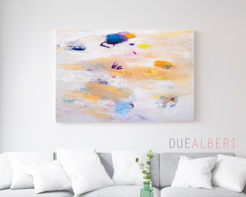 Impresión de pintura abstracta, arte abstracto minimalista beige oro azul claro, decoración de pared moderna, arte de pared extra grande image 8