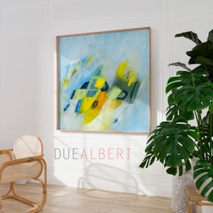 Light Blue Abstract Giclée Print – Mid-Century Modern Wall Art, Large Pastel Canvas for Living Room Decor