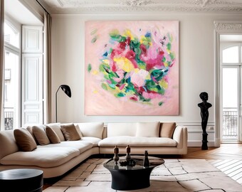 イングリッシュガーデン抽象画、ピンク、イエロー、グリーン、ジクレー