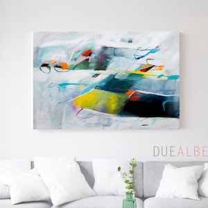 Impression d'art mural abstrait bleu sarcelle - Grande peinture géométrique moderne - Toile horizontale minimaliste pour décoration de salon