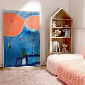 Blue and Orange Abstract Art Print, Modern Colorful Painting, Joyful Eclectic Wall Art, Large Minimalist Home Decor