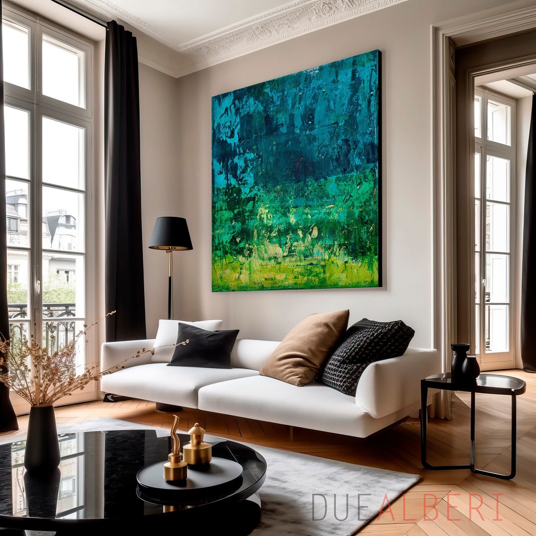Green Teal and Blue Abstract Wall Art, Modern and Elegant Painting