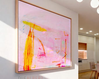 Light Pink Abstract Art Print, Blush Yellow Large Wall Art, Pastel Modern Artwork