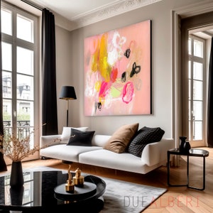 Abstract floral painting print, pink minimalist abstract art, modern wall decor, pink and yellow wall art.