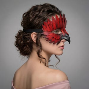 May include: A red and black leather mask shaped like a bird's head. The mask has a detailed feather design in red and a black beak. It is held in place with a black elastic band.