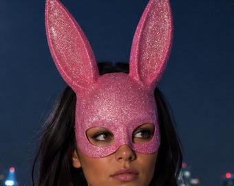 Glitzernde Hasenohren-Maske, rosa-schwarze Hasenkostüm-Augenmaske