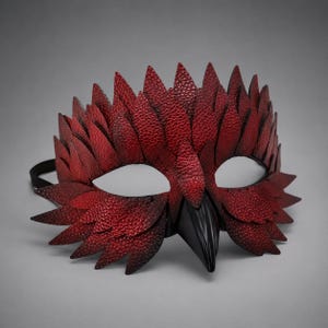 May include: A red and black masquerade mask with a textured, feathered design. The mask features a black beak and a black elastic band. The eye openings are white.