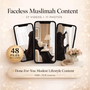 Op de afbeelding: Een advertentie voor "Faceless Muslimah Content" met drie smartphoneschermen met afbeeldingen van een persoon in zwarte kleding. De afbeelding bevat tekst met 37 video's en 11 foto's, in totaal 48 bestanden. De onderste banner luidt "Done-For-You Modest Lifestyle Content."