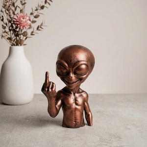 Può includere: Una statuetta aliena color bronzo con un sorriso malizioso, che mostra il dito medio. La scultura ha una finitura liscia e dettagliati tratti del viso. Un vaso bianco con fiori secchi è sullo sfondo, aggiungendo un tocco di contrasto.