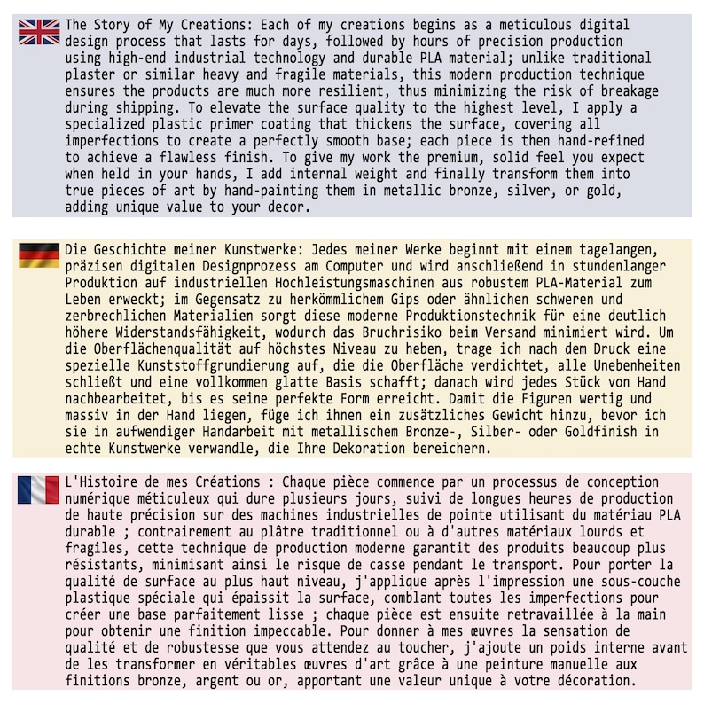 K&ouml;nnte beinhalten: Eine rechteckige Infografik mit drei verschiedenen Abschnitten mit Text in Englisch, Deutsch und Franz&ouml;sisch. Jeder Abschnitt beschreibt einen digitalen Design- und Produktionsprozess unter Verwendung von PLA-Material, Kunststoffgrundierung und Metallic-Farben.