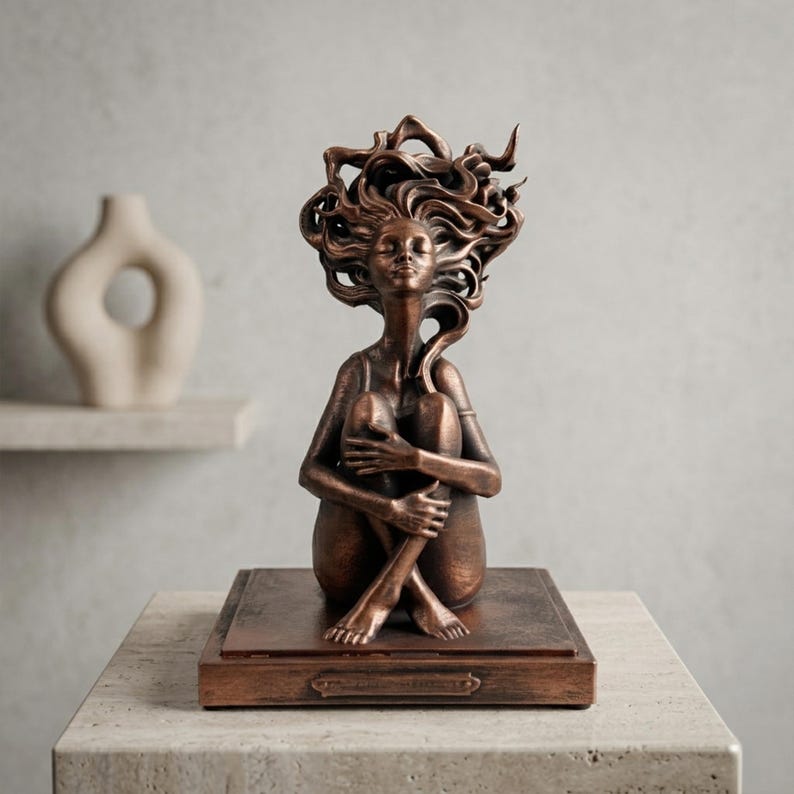 Moderne Skulptur Frau ""Innere Ruhe"" – Exklusive Dekofigur Handgefertigt in Bronze, Silber & Gold Optik." Bild 1