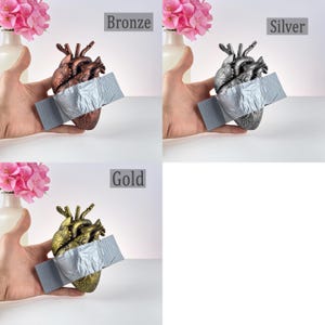 Puede incluir: Esculturas de coraz&oacute;n anat&oacute;mico en bronce, plata y oro. Cada coraz&oacute;n est&aacute; sujeto con cinta gris. El coraz&oacute;n de bronce es de color marr&oacute;n rojizo oscuro, el coraz&oacute;n de plata es gris y el coraz&oacute;n de oro es amarillo met&aacute;lico.