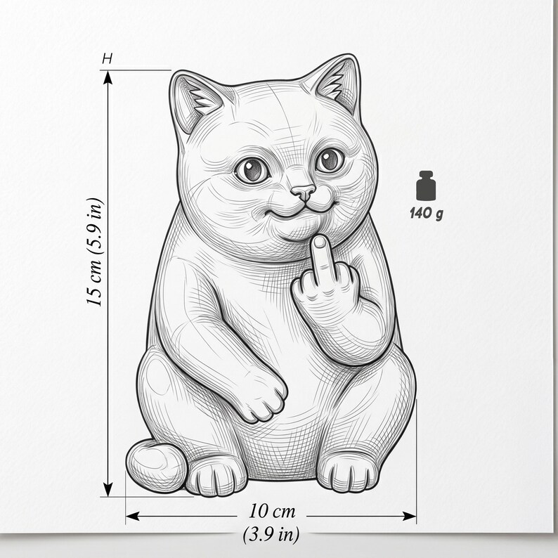 May include: A black and white illustration of a cat figurine, 15 cm (5.9 in) tall and 10 cm (3.9 in) wide, weighing 140 g. The cat is sitting with its middle finger raised. The cat has a smug expression.