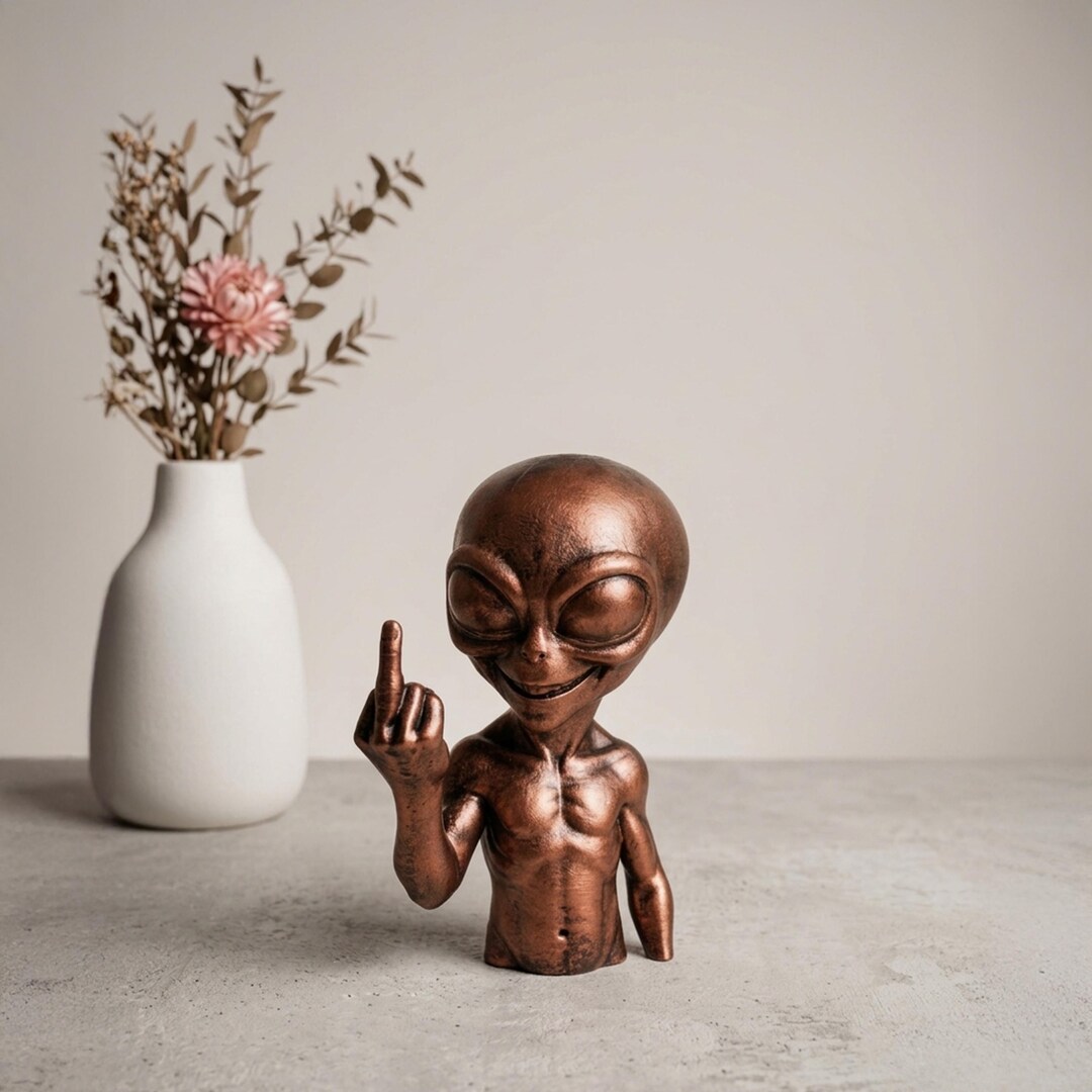 Mischievous Alien Middle Finger Bronze Bust - Handpainted Sci-fi Desk ...