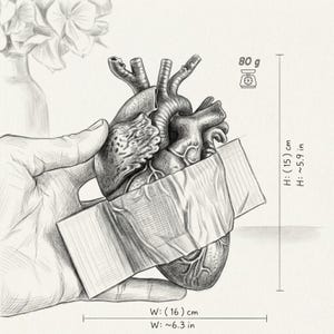 Puede incluir: Dibujo a l&aacute;piz detallado de un coraz&oacute;n humano, sostenido por una mano. El coraz&oacute;n est&aacute; envuelto en papel y mide aproximadamente 16 cm de ancho y 15 cm de alto. El peso es de 80 gramos.