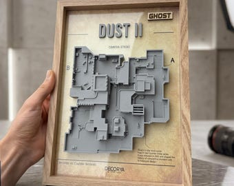 Arte de pared 3D Dust II - Regalo personalizado para gamers - Mapa CS2 ultra detallado en caja de sombras