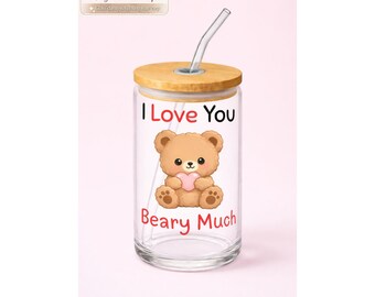 Teddy Bear Glass Cup with Bamboo Lid & Straw | Valentine's Day Gift