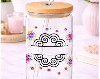 Personalized Hmong Floral Glass Tumbler | Elephant Footprint, Bamboo Lid