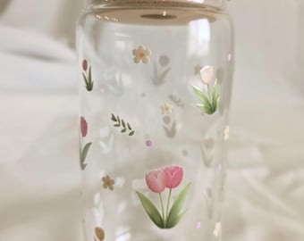 Tulip Glass Can Cup with Bamboo Lid & Straw (16 oz) – Floral Iced Coffee Tumbler
