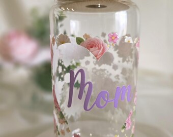 Personalized Glass Cup with Floral Design Iced Coffee Can 16oz Libbey Style Gift