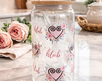 Hmong Floral Heart Glass Tumbler: "Hlub" Love Cup