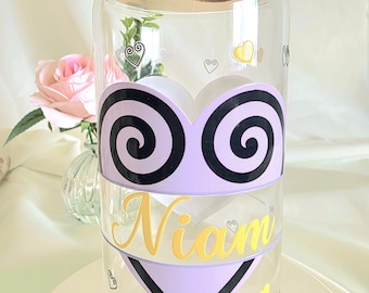 Personalize Hmong Heart Glass Can 16oz Cup Lavender Heart Tumbler Bamboo Lid and Straw